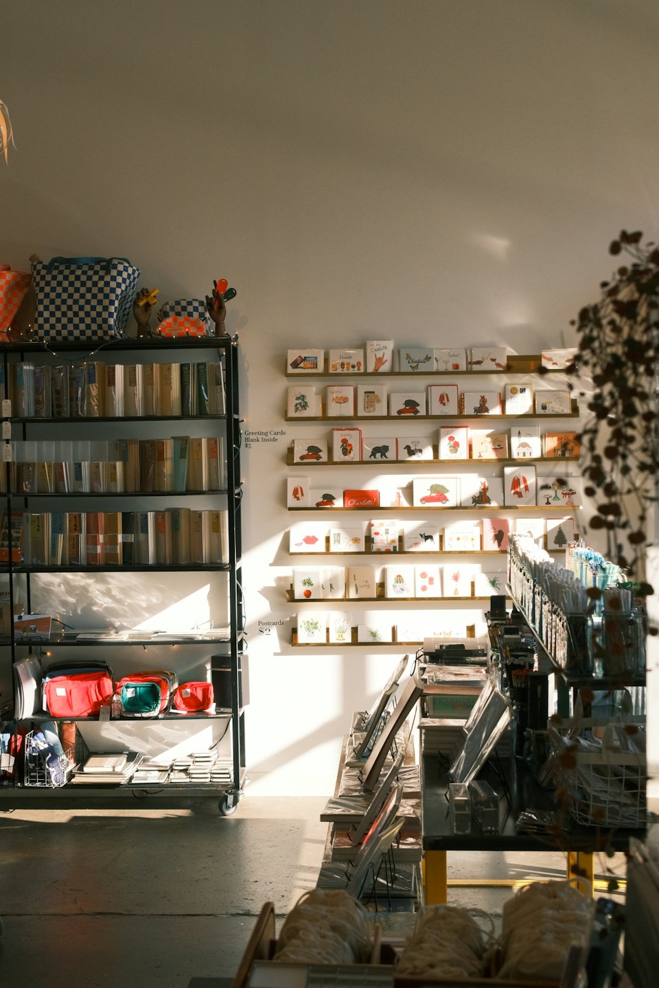 Böcker och kort utställda på hyllor i en ljus boutique.